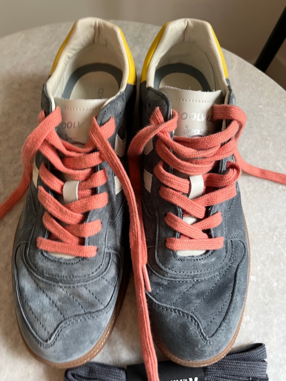 Coolway Gray Suede Sneakers with Coral Laces and Yellow Heel - Picture 2 of 6